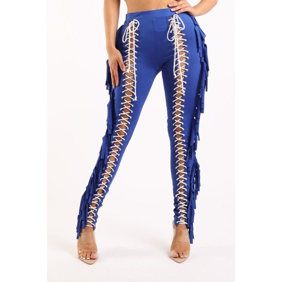 Womens Chic Lace up Detailed Fringe Pants Fashion Stylish Tassels Slim Trousers - Picture 3 of 10